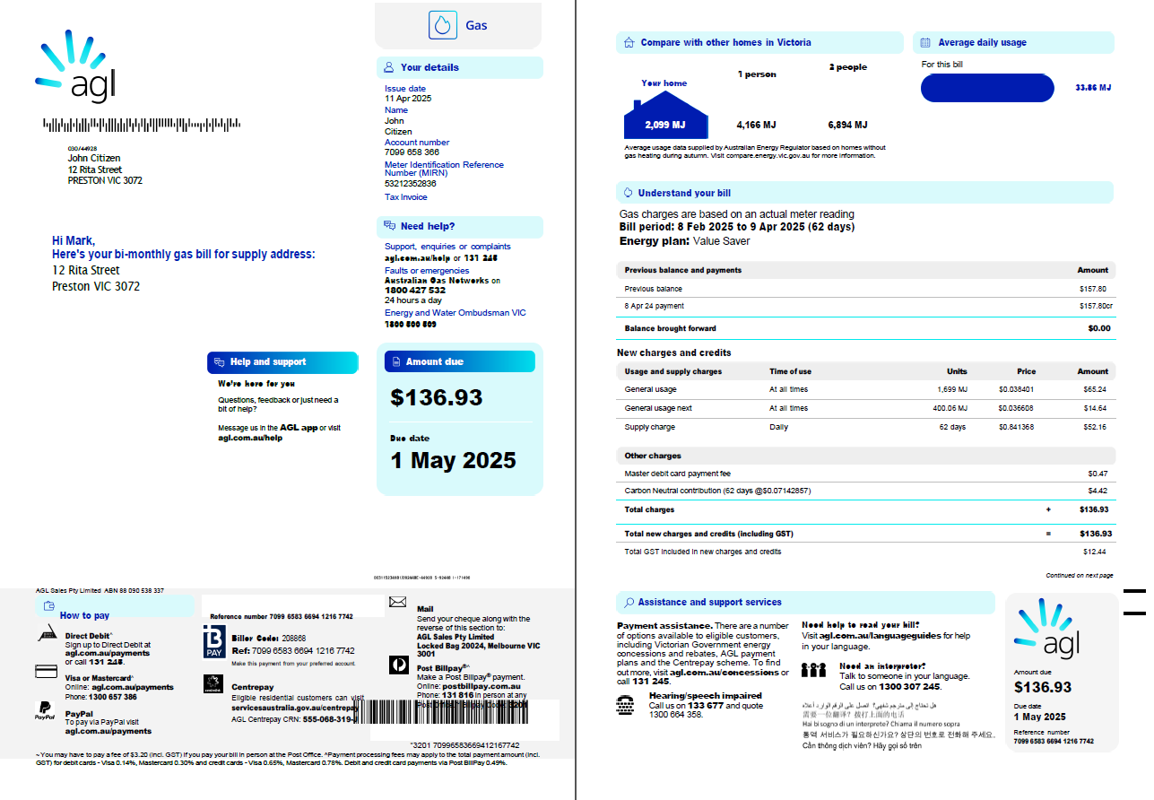 Australia AGL Gas utility bill template in Word and PDF formats, 3 pages, 1 2 page